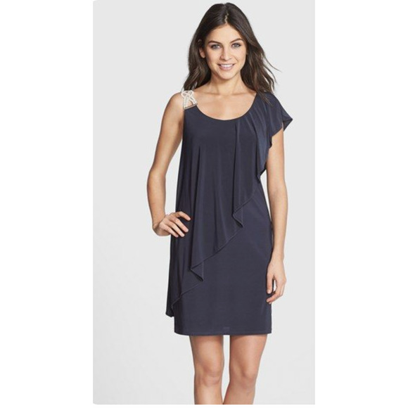 Betsy & Adam Dresses & Skirts - Betsy &‎ Adam Embellished One-Shoulder Popover Cocktail Dress in Black Size 4